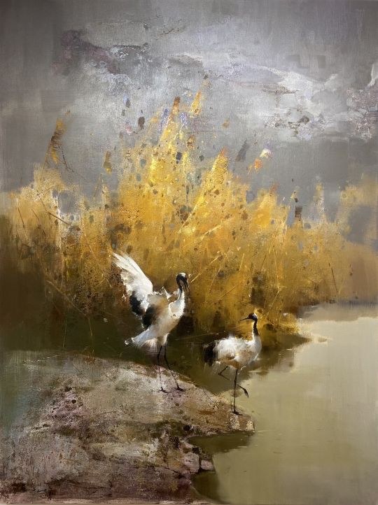 吳衍群 油畫 祥鶴雙雙