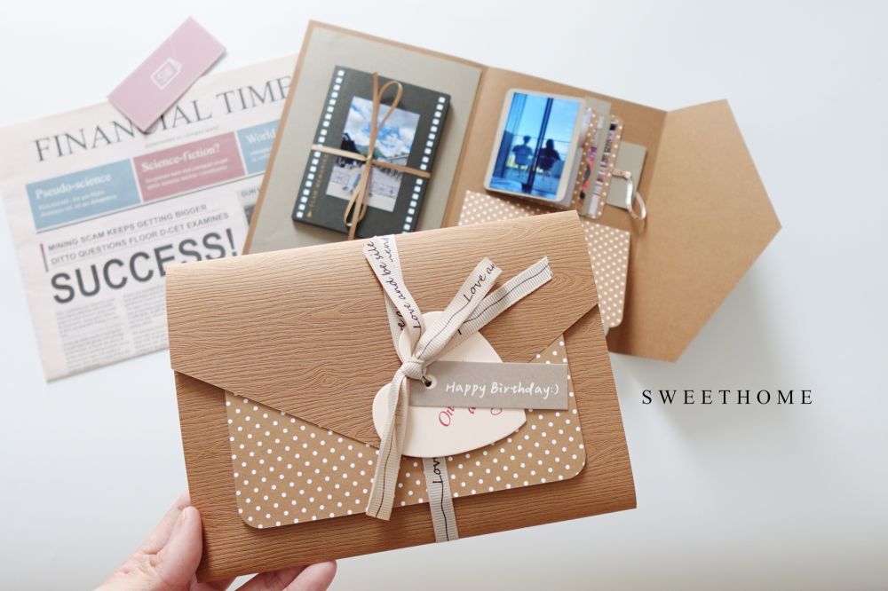 ｜現貨｜奶茶信封造型機關三折手工卡片書