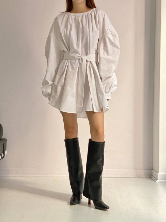 韓國代購 方尖頭反折傘狀造型高跟長靴褲管靴