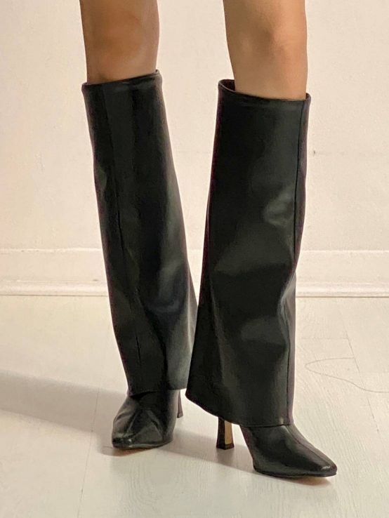 韓國代購 方尖頭反折傘狀造型高跟長靴褲管靴